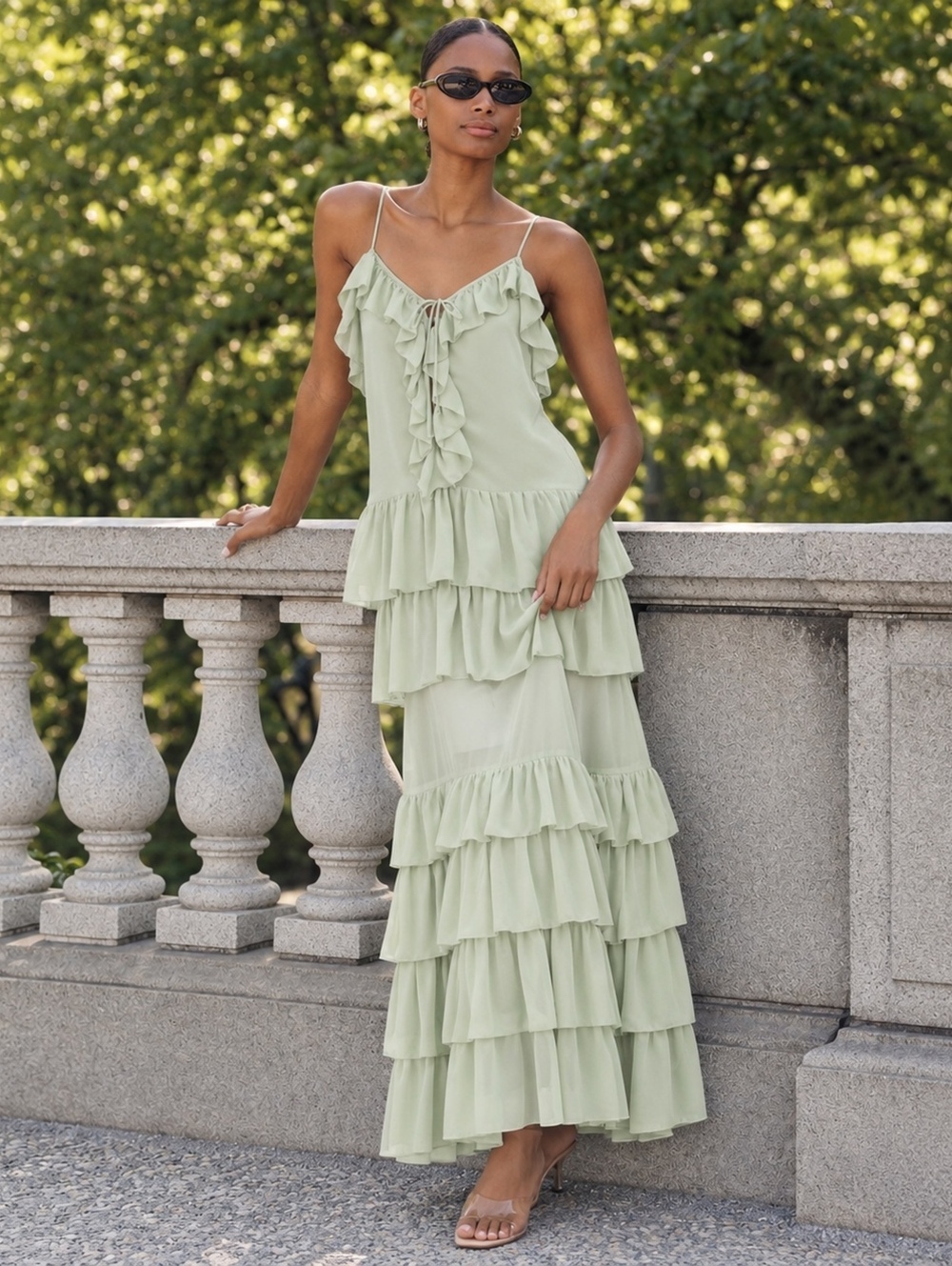 Torn by Ronny Kobo Orcadia Sage Green Chiffon Ruffle Tiered Maxi Dress XS NWT